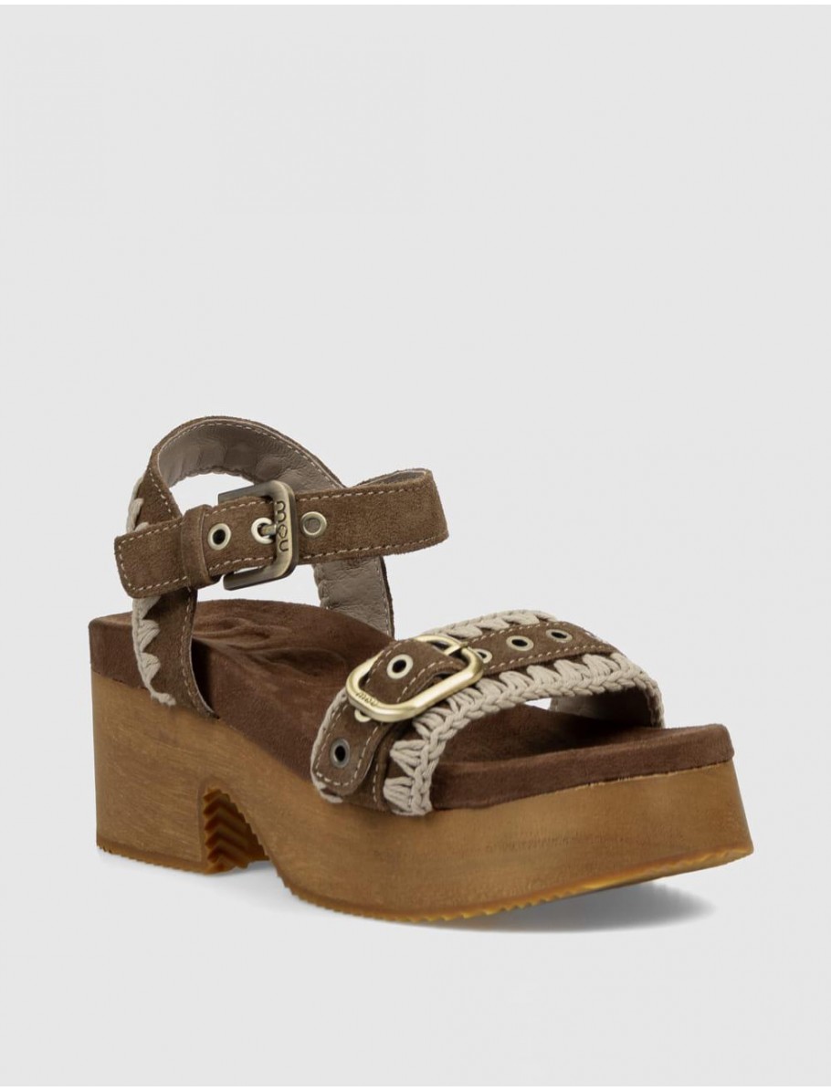 SANDALIA MOU HIGH HEEL WOOD CLOG BUCKLE MARRoN