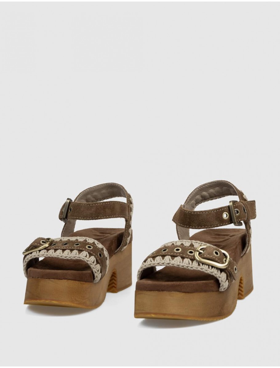 SANDALIA MOU HIGH HEEL WOOD CLOG BUCKLE MARRoN