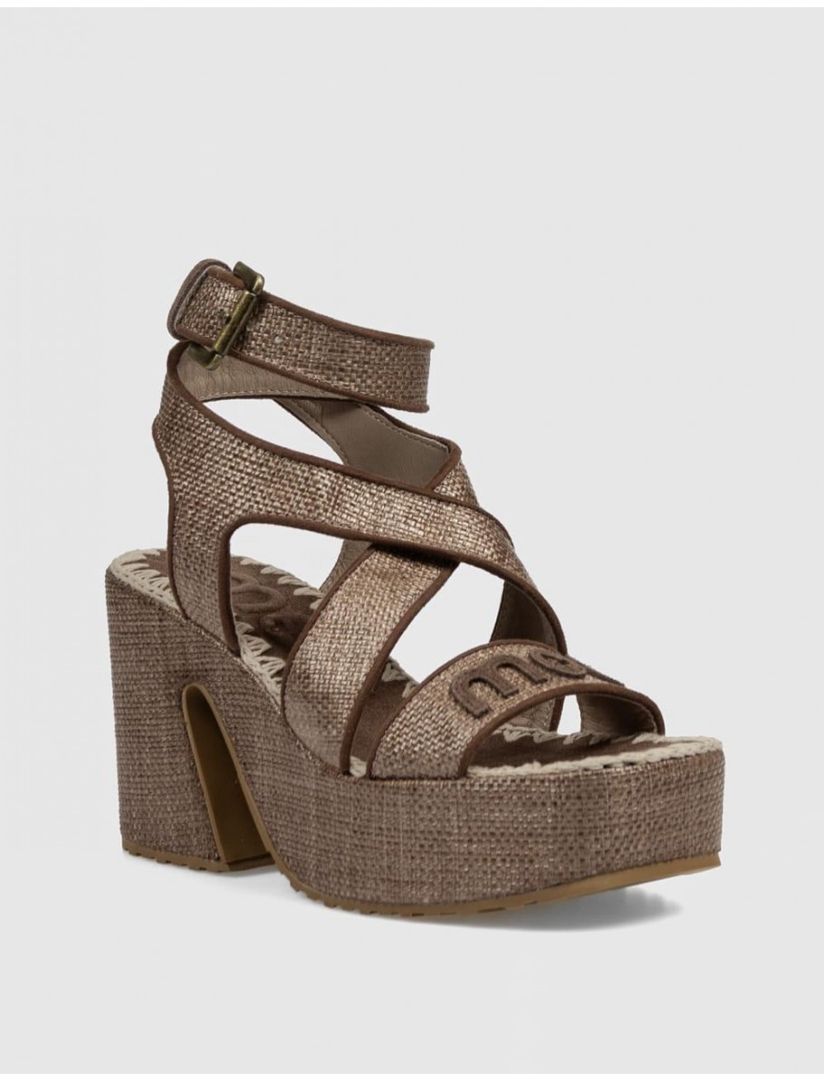 SANDALIA MOU RAFFIA PLATFORM LACE UP MARRoN